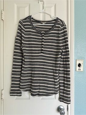 Lucky Brand Chloe Womens XL Black Cream Striped Knit Henley Shirt Sweater Boho